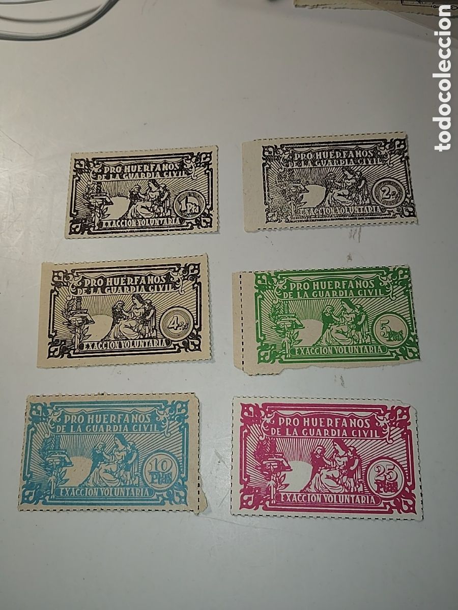 Sellos: Lote de 6 vi&ntilde;etas PRO-HUERFANOS DE LA GUARDIA CIVIL. 1940 DE 1-2-4-5-20 Y 25 PTAS