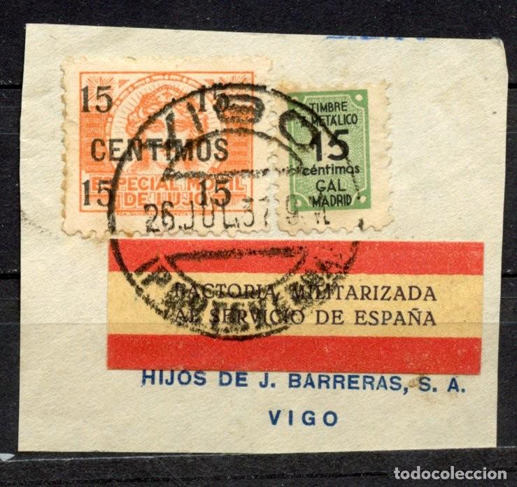 Sellos: ETIQUETA PATRI&Oacute;TICA ZONA NACIONAL CATALOGO EDIFIL - ALLEPUZ N&ordm; 46 SOBRE FRAGMENTO + FISCALES