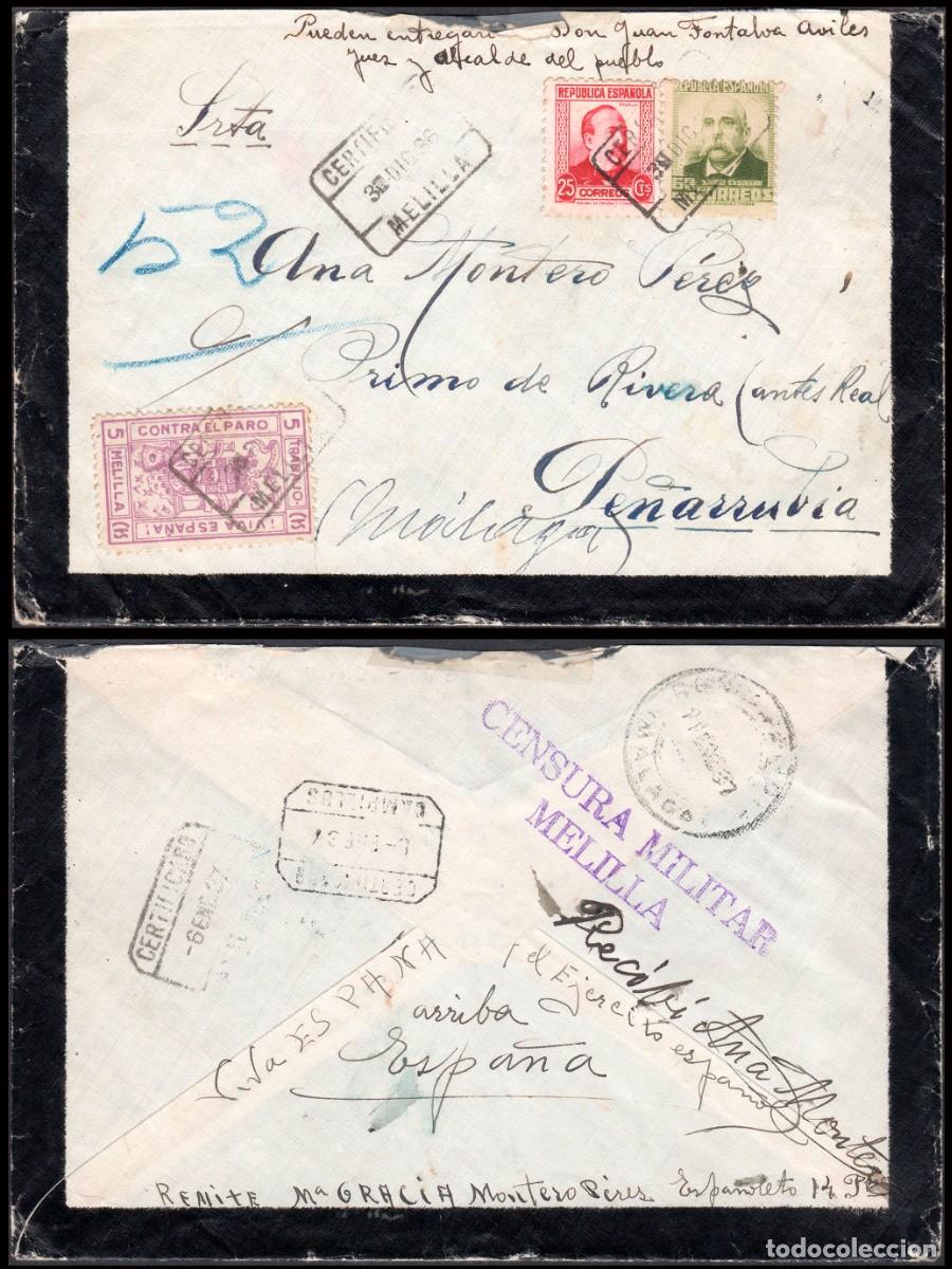 Sellos: Melilla - Guerra Civil - Edi o 685+672+Local - Sobre Mat &rdquo;Certificado 30/Dic./36 - Melilla&rdquo;