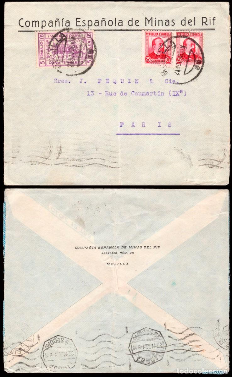 Sellos: Melilla - Guerra Civil - Edi o 685(2)+Local-Sobre membrete &rdquo;Minas del Rif&rdquo; Mat &rdquo;Melilla 21/Nov./36&rdquo;