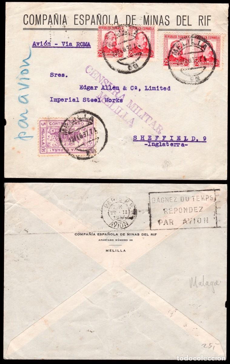 Sellos: Melilla - Guerra Civil - Edi o 685(4)+Local-Sobre membrete &rdquo;Minas del Rif&rdquo; Mat &rdquo;Melilla 13/02/37&rdquo;