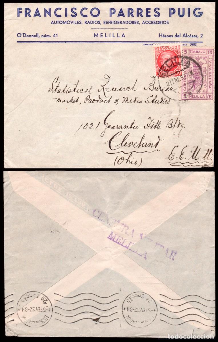 Sellos: Melilla - Guerra Civil - Edi o 687+Local-Sobre membrete &rdquo;Fco. Parres...&rdquo; Mat &rdquo;Melilla 27/01/37&rdquo;