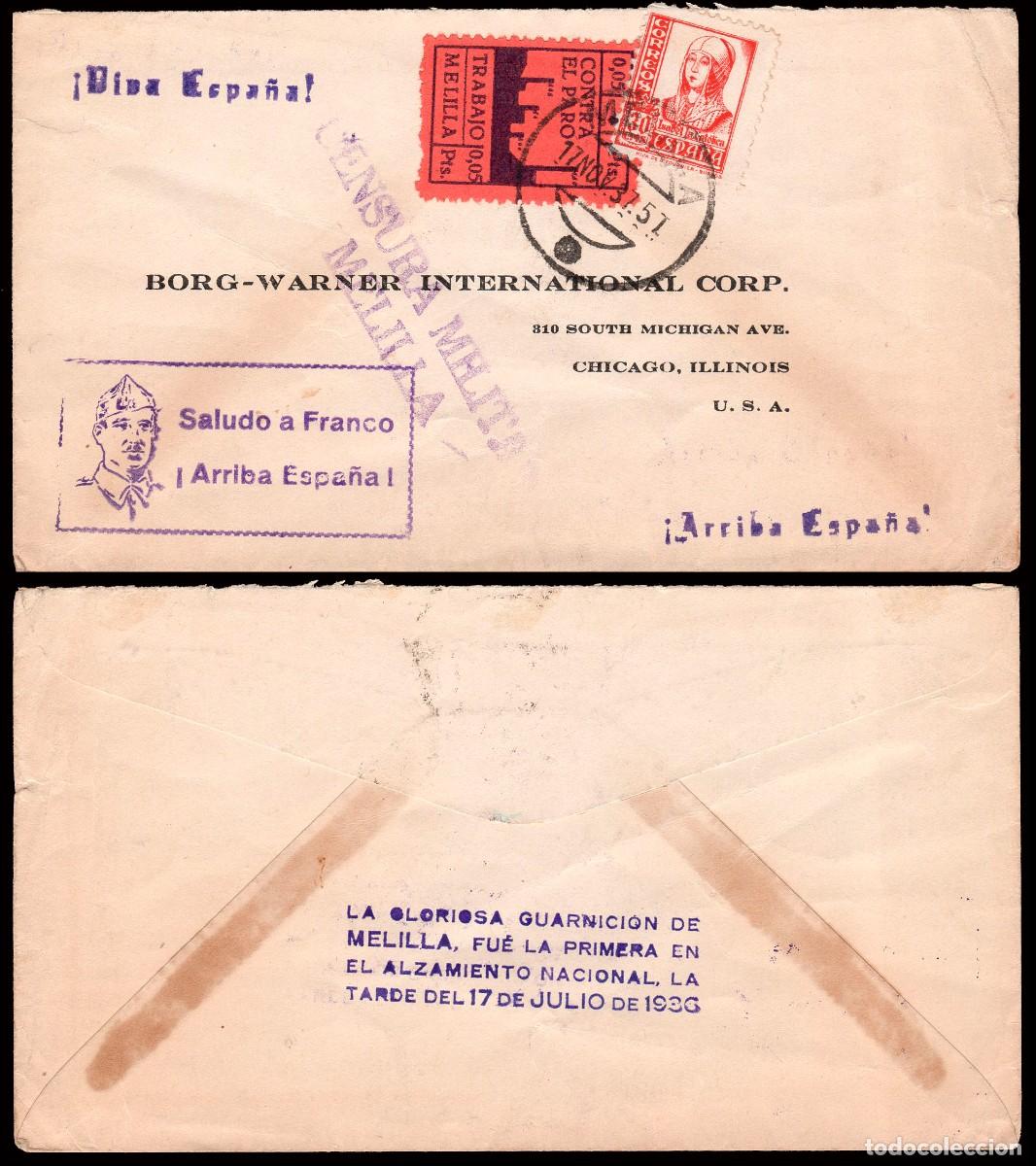 Sellos: Melilla - Guerra Civil - Edi o 823+Local-Sobre Mat &rdquo;Melilla 17/Nov./37&rdquo; + marca tamp&oacute;n &rdquo;Saludo..