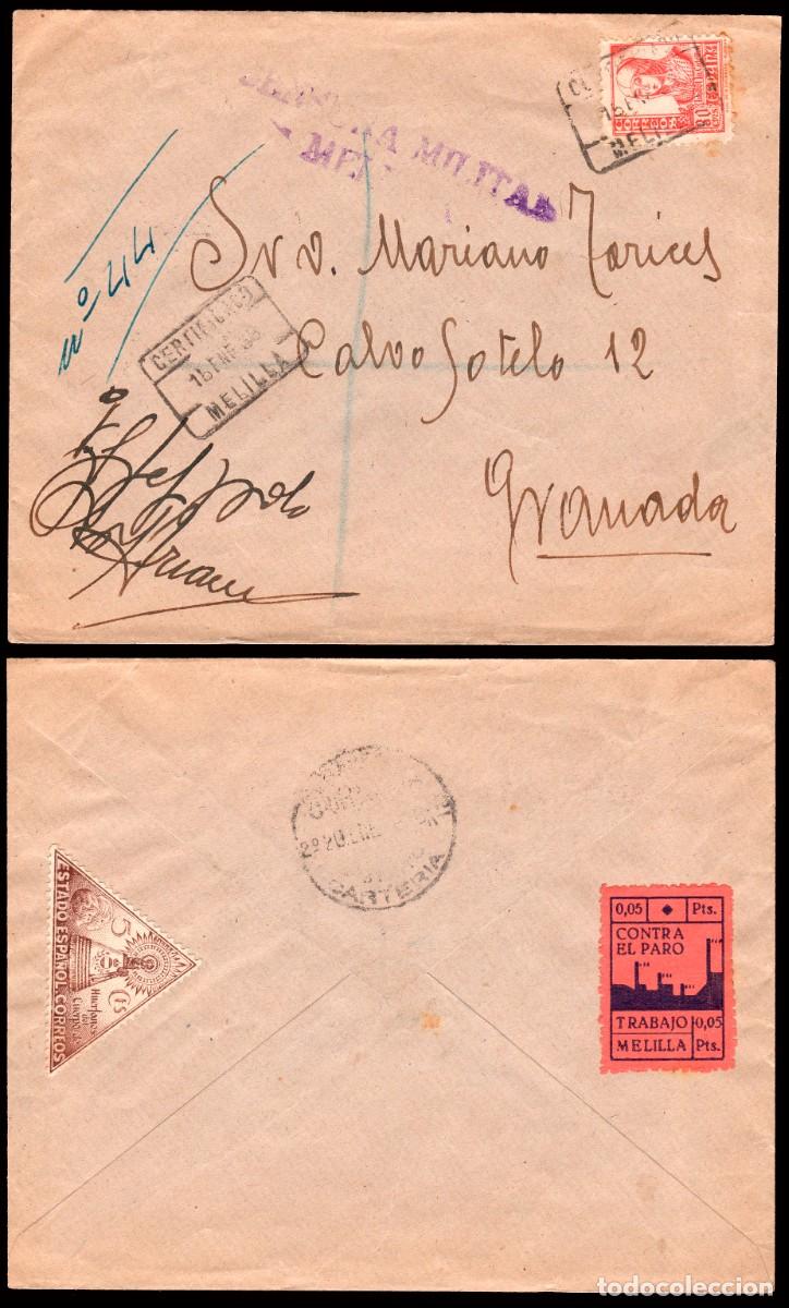 Sellos: Melilla - Guerra Civil - Edi o 823 - Sobre Mat &rdquo;Certificado 15/En./38 - Melilla&rdquo; a Granada +