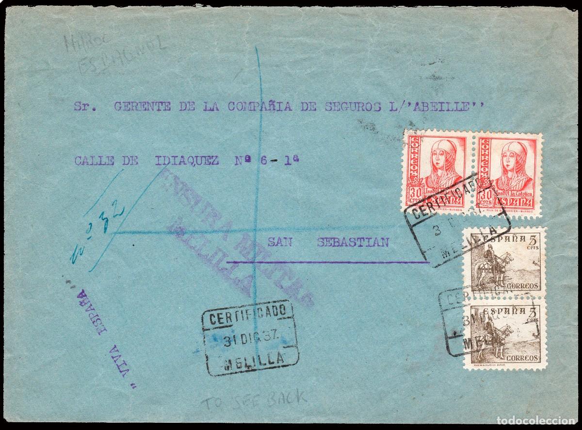 Sellos: Melilla - Guerra Civil - Edi o 823(2)+816A(2) - Sobre Mat &rdquo;Certificado 31/Dic./37 - Melilla&rdquo; +