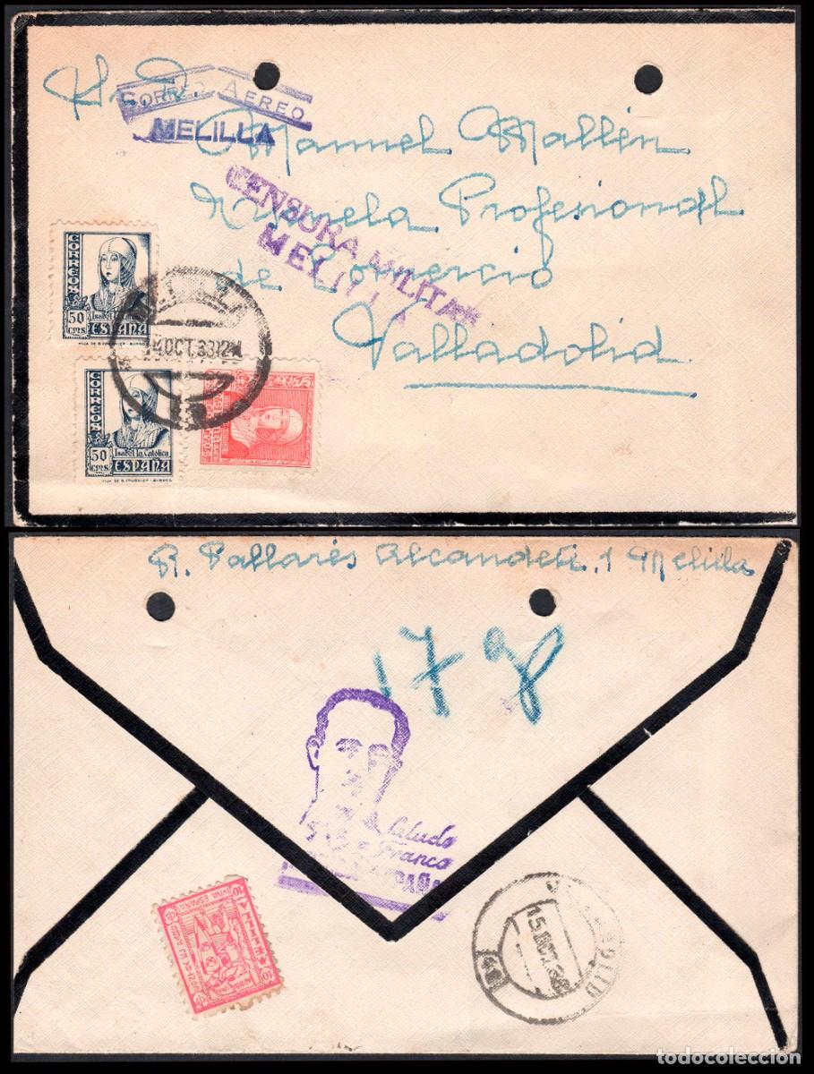 Sellos: Melilla - Guerra Civil - Edi o 857+825(2) - Sobre Mat &rdquo;Melilla 14/Oct./33&rdquo; + marca &rdquo;Correo a&eacute;reo..&rdquo;