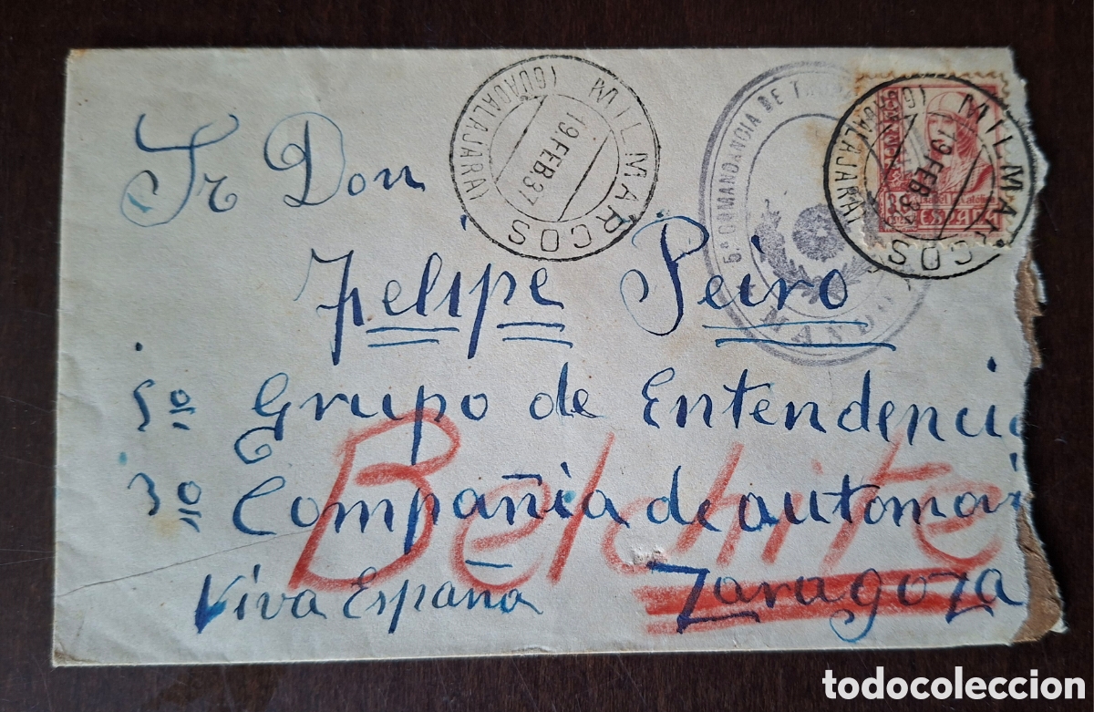 Sellos: Guerra civil Carta 5 comandancia de Tropas Mando Guadalajara Milmarcos 1937