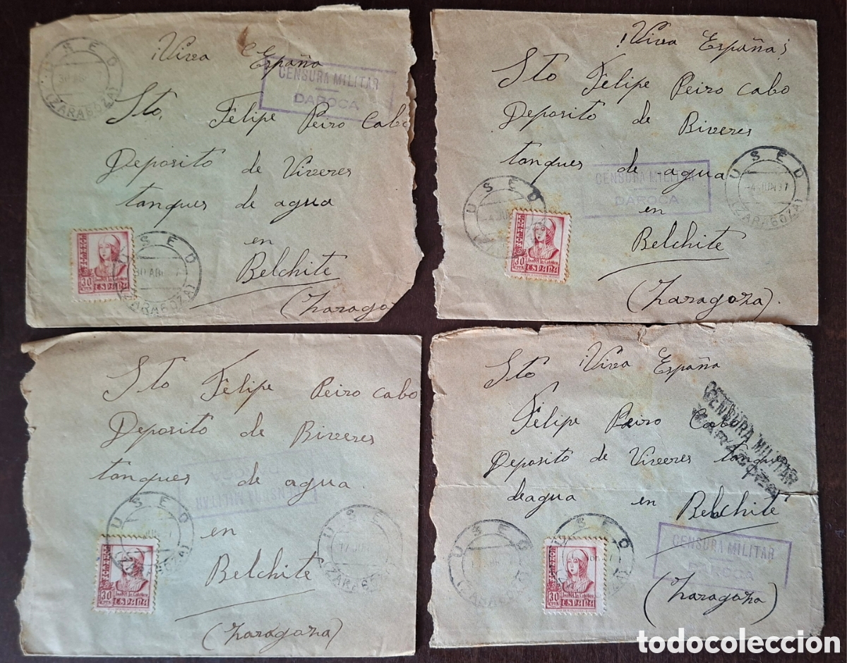 Sellos: Guerra civil 4 cartas Dep&oacute;sito de v&iacute;veres Used Zaragoza censura Daroca 1937