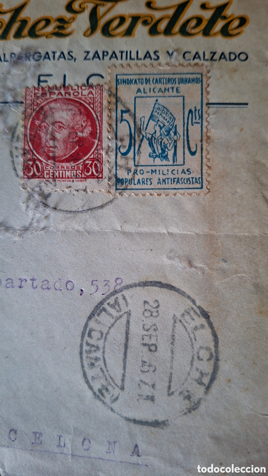 Sellos: Guerra civil Carta con vi&ntilde;eta Pro milicias antifascista Elche Alicante 1936