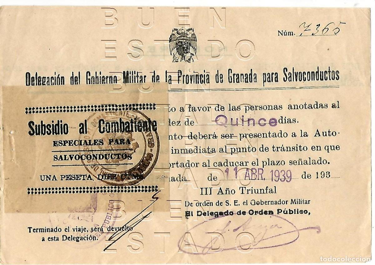 Sellos: GRANADA SUBSIDIO AL COMBATIENTE ESPECIALES PARA SALVOCONDUCTOS 1939 1 PESETA Y 10 CENTIMOS M58