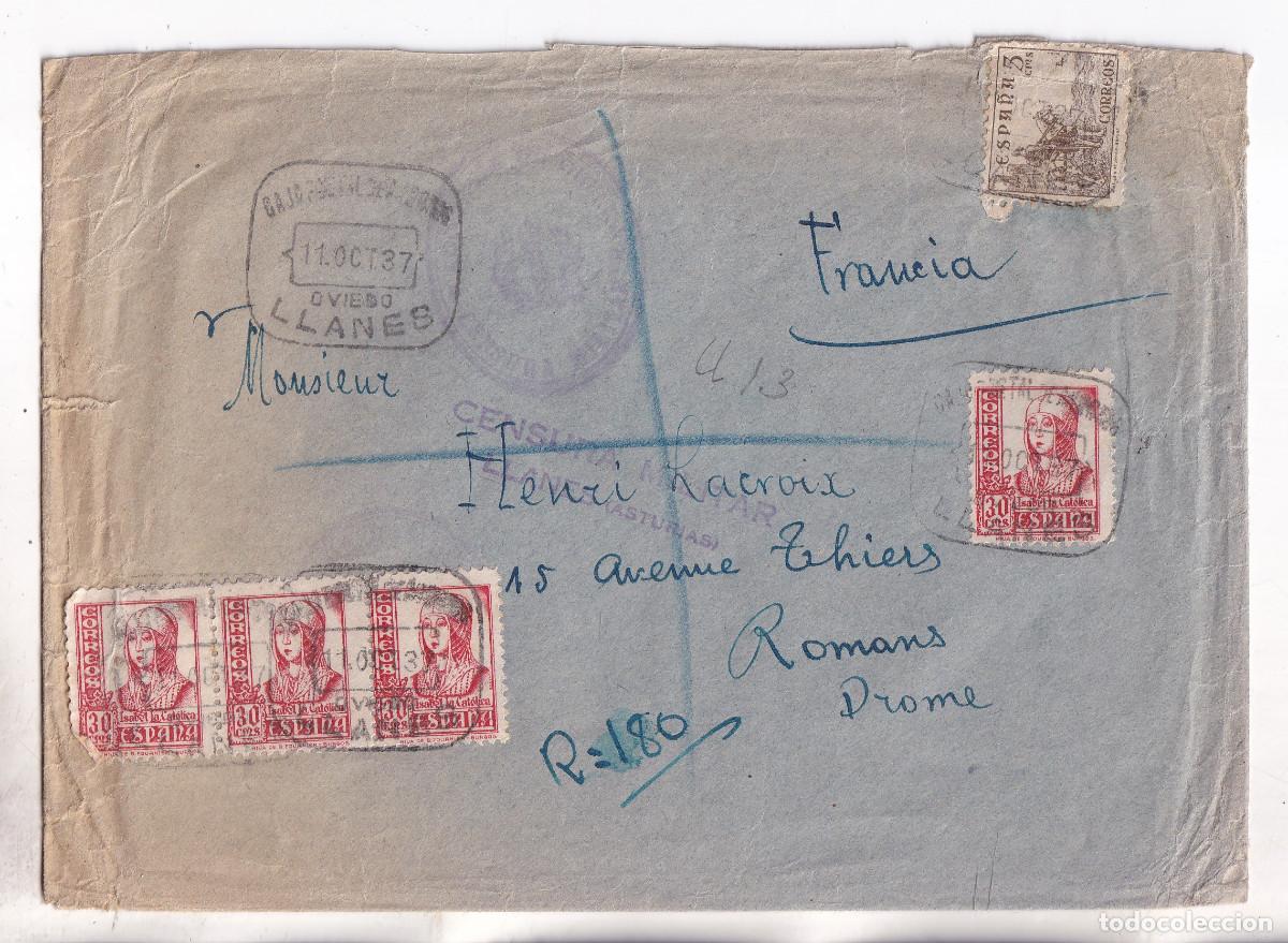 Sellos: SOBRE CERTIFICADO. CAJA POSTAL DE AHORROS. A FRANCIA. CENSURA MILITAR LLANES ASTURIAS 1937 AUDITOR&Iacute;A