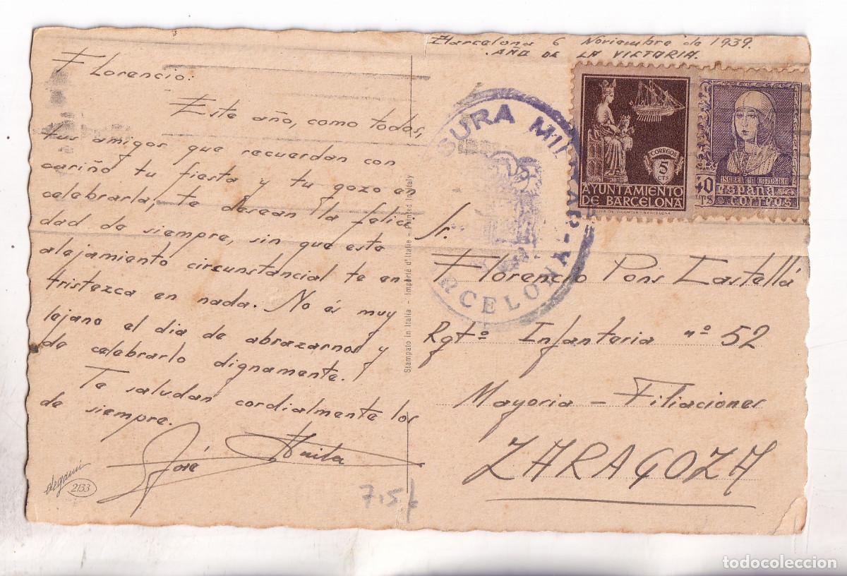 Sellos: POSTAL. BARCELONA. CENSURA MILITAR. 1939. A UN SOLDADO EN ZARAGOZA