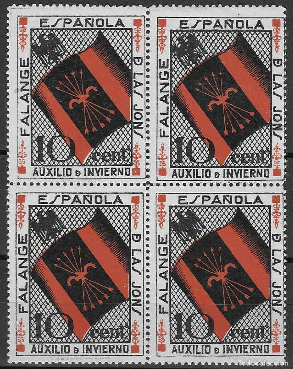 Sellos: AUXILIO DE INVIERNO. FALANGE ESPA&Ntilde;OLA DE LAS JONS. BANDERA DE FALANGE Y &Aacute;GUILA. 10 CTS. ALLEPUZ 14.