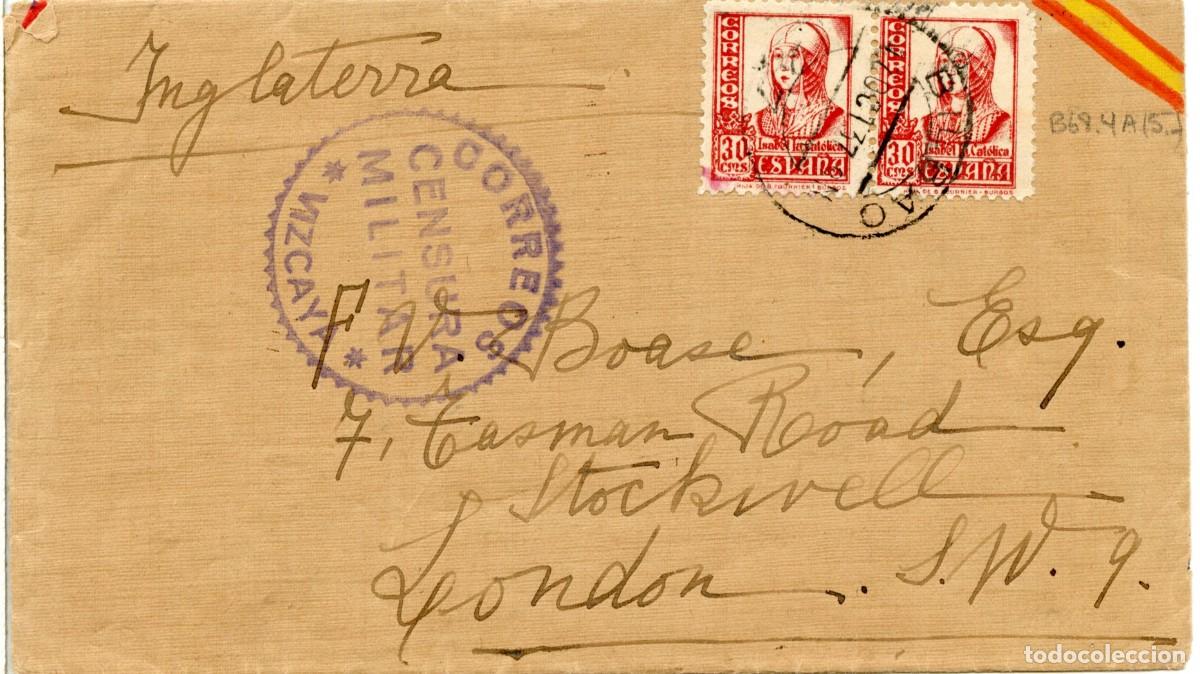Sellos: SOBRE CON BANDERA DE ESPA&Ntilde;A DIBUJADA. DE BILBAO 17 OCT 37 A LONDRES.
