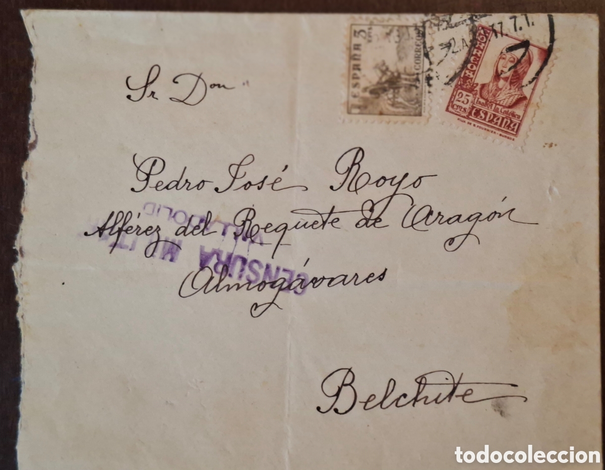 Sellos: Guerra civil carta al Alf&eacute;rez Requete de Aragon Algomavares Belchite 1937