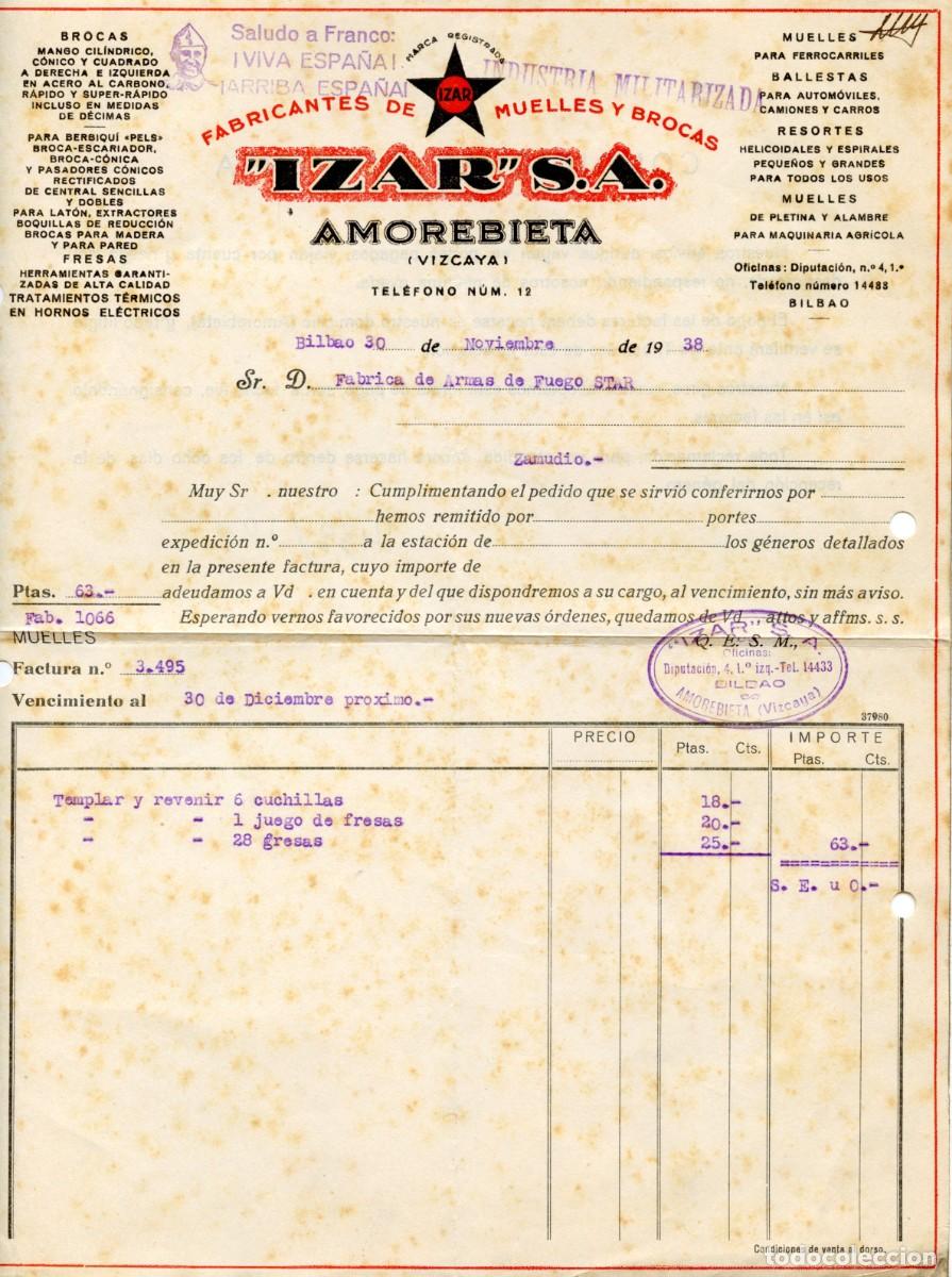 Sellos: GUERRA CIVIL. EMPRESAS MILITARIZADAS. Factura &rdquo;IZAR, S.A. - AMOREBIETA&rdquo; (Vizcaya). Tamp&oacute;n violeta.