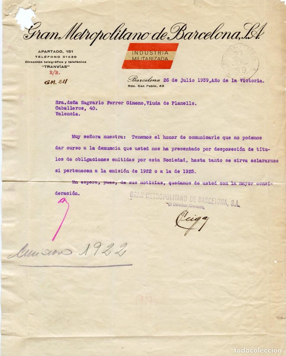 Sellos: GUERRA CIVIL. EMPRESAS MILITARIZADAS. Tranv&iacute;as de Barcelona. Carta comercial 26 JUL 39. Etiqueta