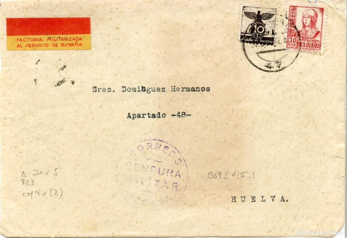 Sellos: GUERRA CIVIL. EMPRESAS MILITARIZADAS. Frontal Bilbao 27 SEP 37 a Huelva, etiqueta ALLEPUZ-EDIFIL 45A