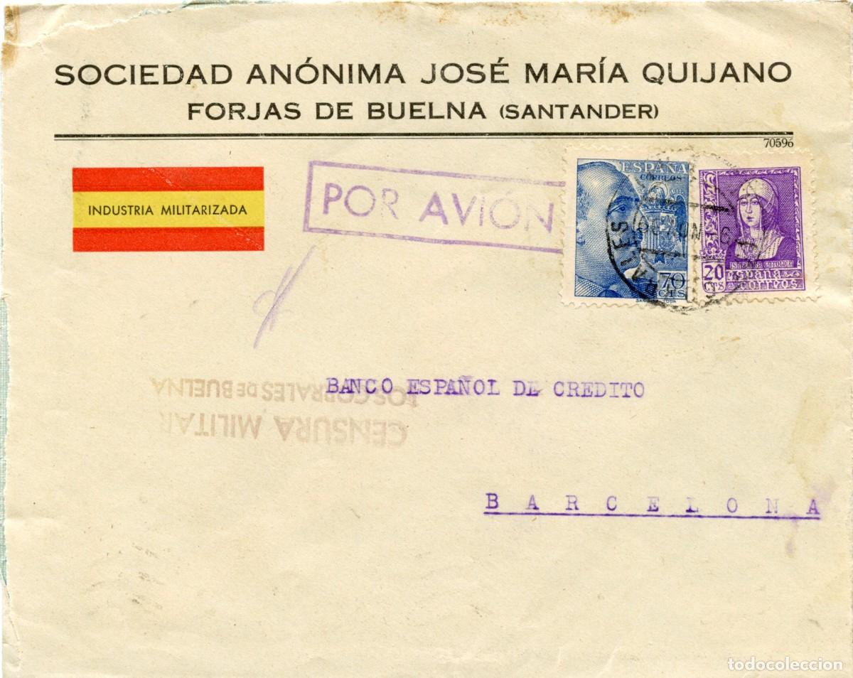 Sellos: GUERRA CIVIL. EMPRESAS MILITARIZADAS. SOBRE BUELNA (SANTANDER) A BARCELONA ETIQUETA S/CAT