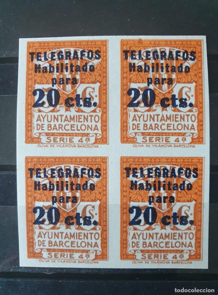 Sellos: TELEGRAFOS BARECELONA EDIFIL 5 * BLOQUE DE 4 SIN DENTAR A&Ntilde;O 1934