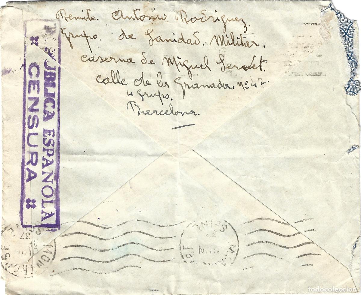 Sellos: 1937 Carta guerra civil Barcelona a Francia. Remite Grupo de Sanidad Militar