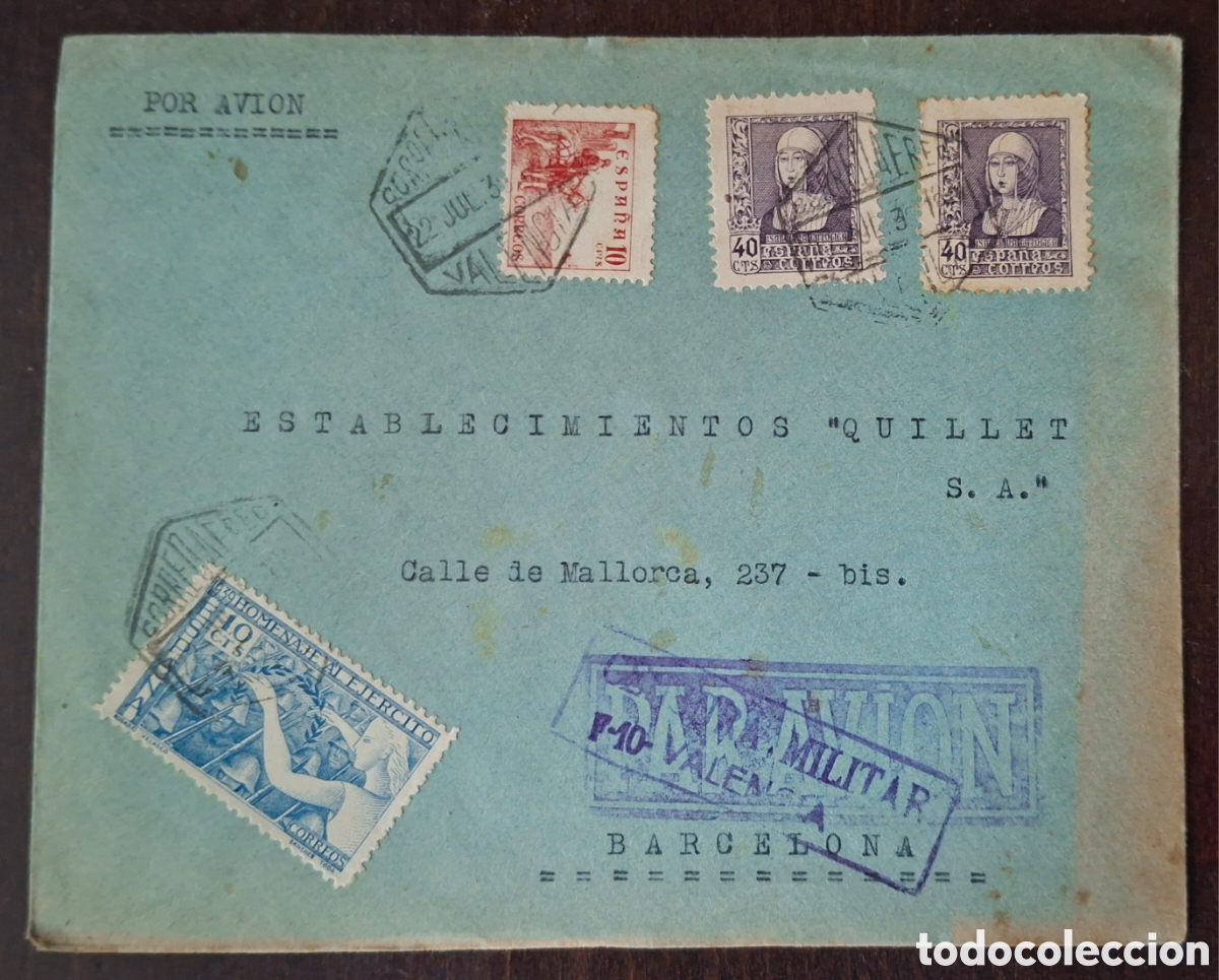 Sellos: Carta Guerra civil sello homenaje al Ej&eacute;rcito Censura f10 valencia 1939