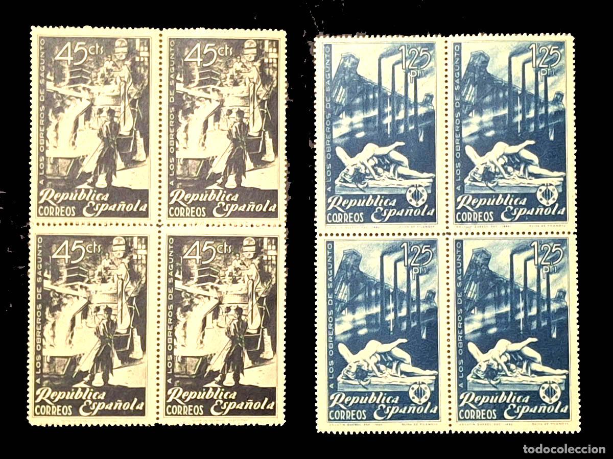 Sellos: 1938, Edifil 773 y 774, Homenaje a los obreros de Sagunto bloques de 4