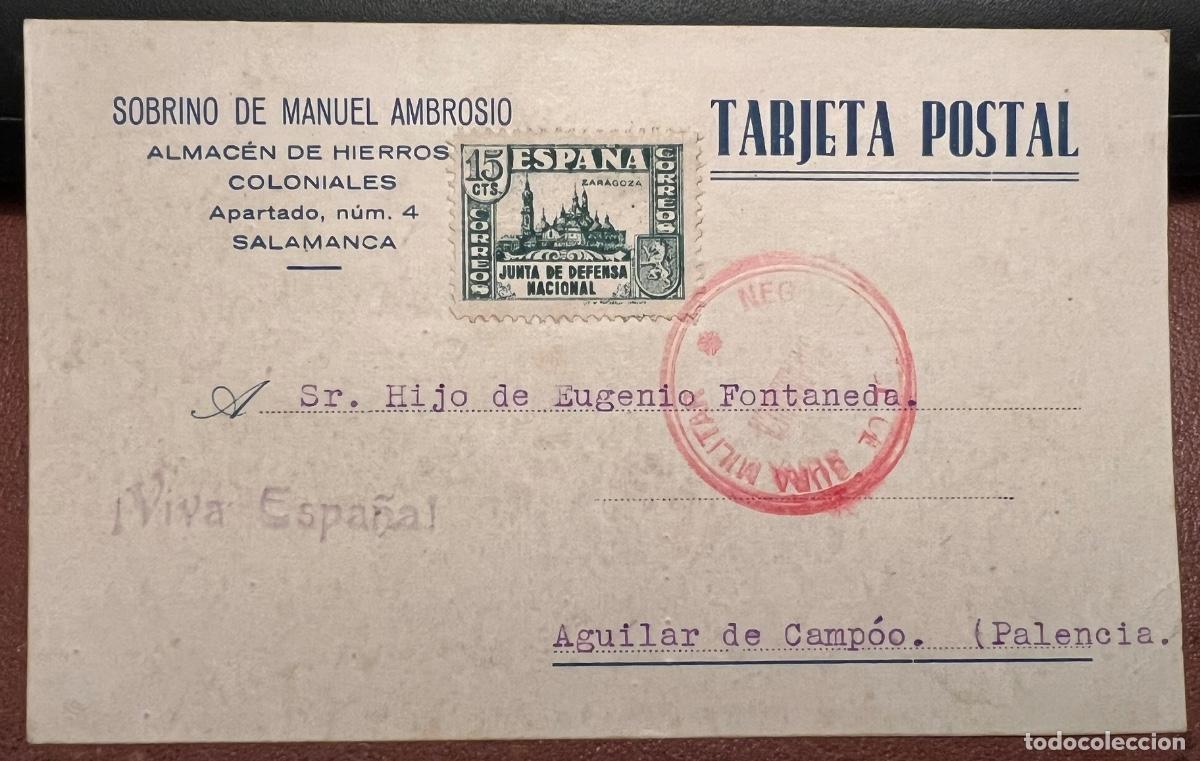 Sellos: Tarjeta postal Censura Militar Salamanca (Abril 1937) - A Hijo de Eugenio Fontaneda (Aguilar de Camp