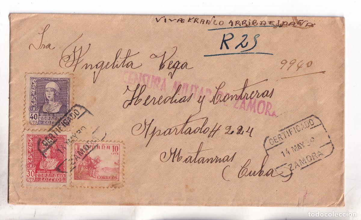 Sellos: RARO SOBRE CERTIFICADO. ZAMORA A CUBA. 1939. CENSURA MILITAR