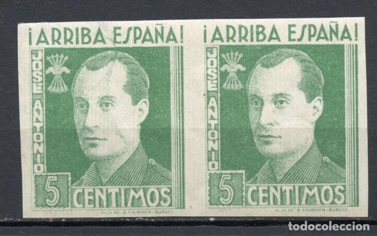 Sellos: FET - JONS FALANGE. Edifil 15as. JOS&Eacute; ANTONIO. 15 cts. verde p&aacute;lido sin dentar en pareja horizontal