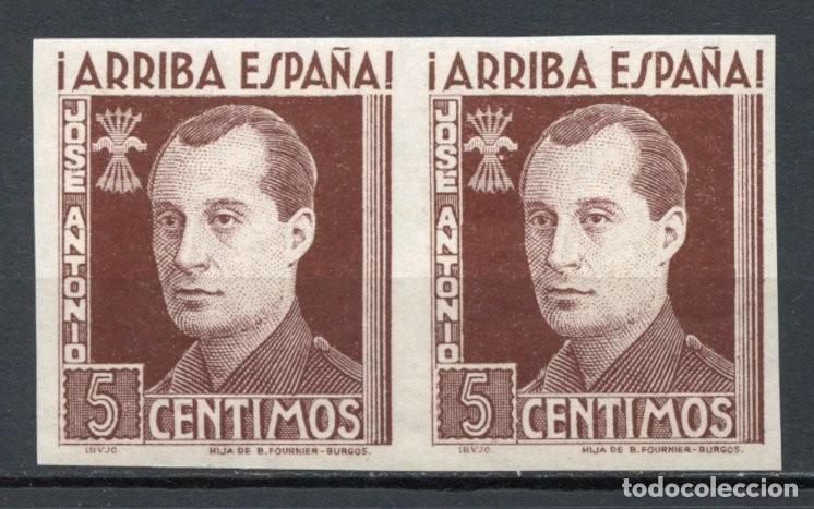 Sellos: FET - JONS FALANGE. Edifil 16s. JOS&Eacute; ANTONIO. 5 cts. marr&oacute;n sin dentar en pareja horizontal