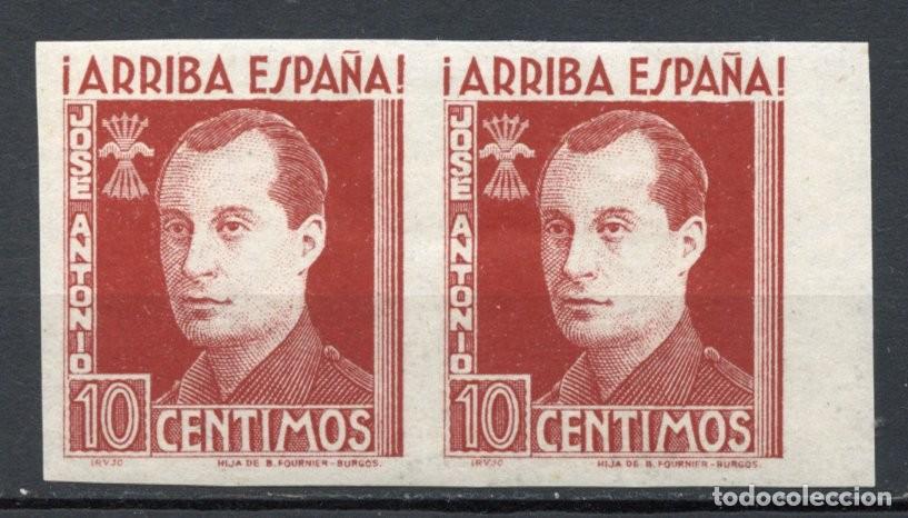 Sellos: FET - JONS FALANGE. Edifil 19s. JOS&Eacute; ANTONIO. 10 cts. marr&oacute;n chocolate sin dentar, pareja horizontal
