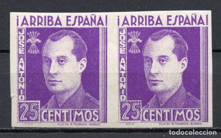 Sellos: FET - JONS FALANGE. Edifil 23s. JOS&Eacute; ANTONIO. 25 cts. violeta sin dentar en pareja horizontal