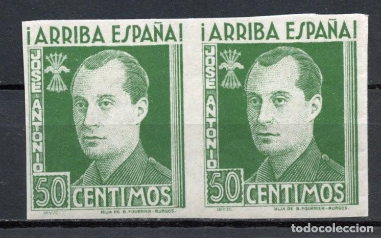 Sellos: FET - JONS FALANGE. Edifil 25s. JOS&Eacute; ANTONIO. 50 cts. verde sin dentar en pareja horizontal