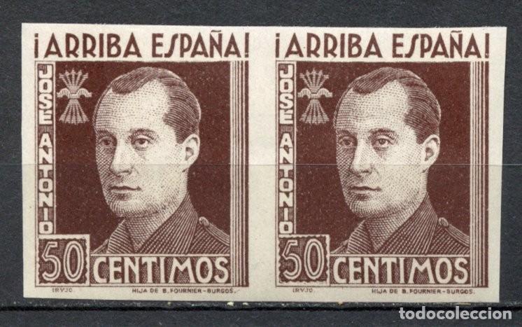 Sellos: FET - JONS FALANGE. Edifil 26s. JOS&Eacute; ANTONIO. 50 cts. marr&oacute;n sin dentar en pareja horizontal