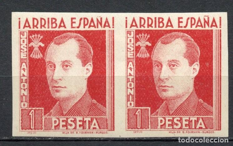 Sellos: FET - JONS FALANGE. Edifil 27s. JOS&Eacute; ANTONIO. 1 Pts. carm&iacute;n sin dentar (no casta&ntilde;o violeta). Pareja