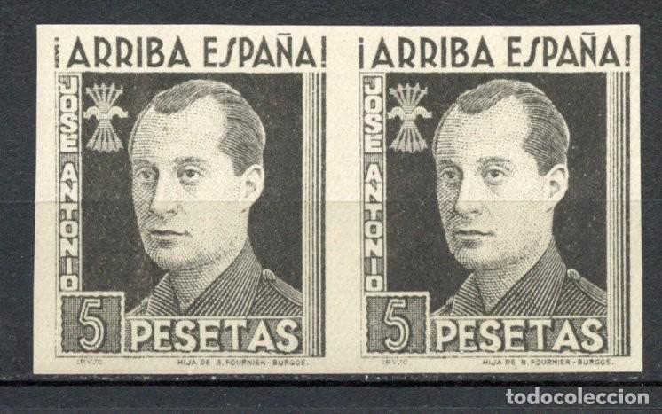 Sellos: FET - JONS FALANGE. Edifil 29s. JOS&Eacute; ANTONIO. 5 Pts. negro sin dentar (no gris) en pareja horizontal
