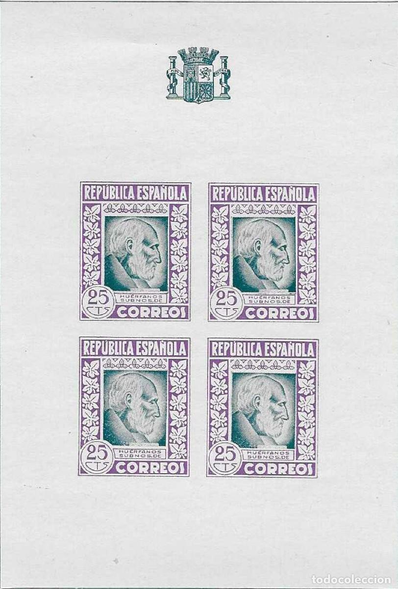 Sellos: HOJITA BLOQUE HU&Eacute;RFANOS SUBALTERNOS DE CORREOS. RAM&Oacute;N Y CAJAL. REP&Uacute;BLICA ESPA&Ntilde;OLA. LUJO. MMH **