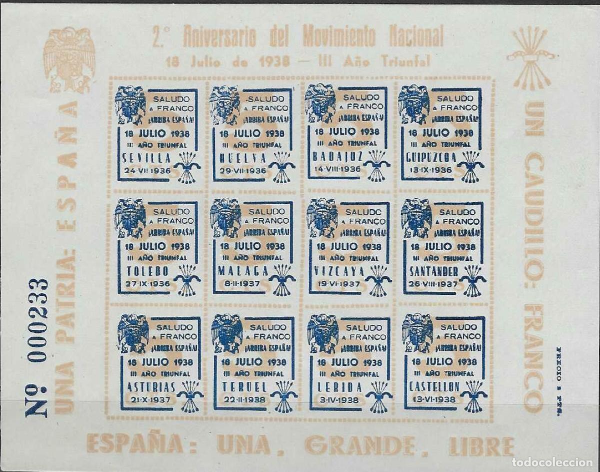 Sellos: 2&ordm; ANIVERSARIO DEL MOVIMIENTO NACIONAL. 18 JULIO 1938.III A&Ntilde;O TRIUNFAL. NUMERO 233. MUY RARO AS&Iacute;.