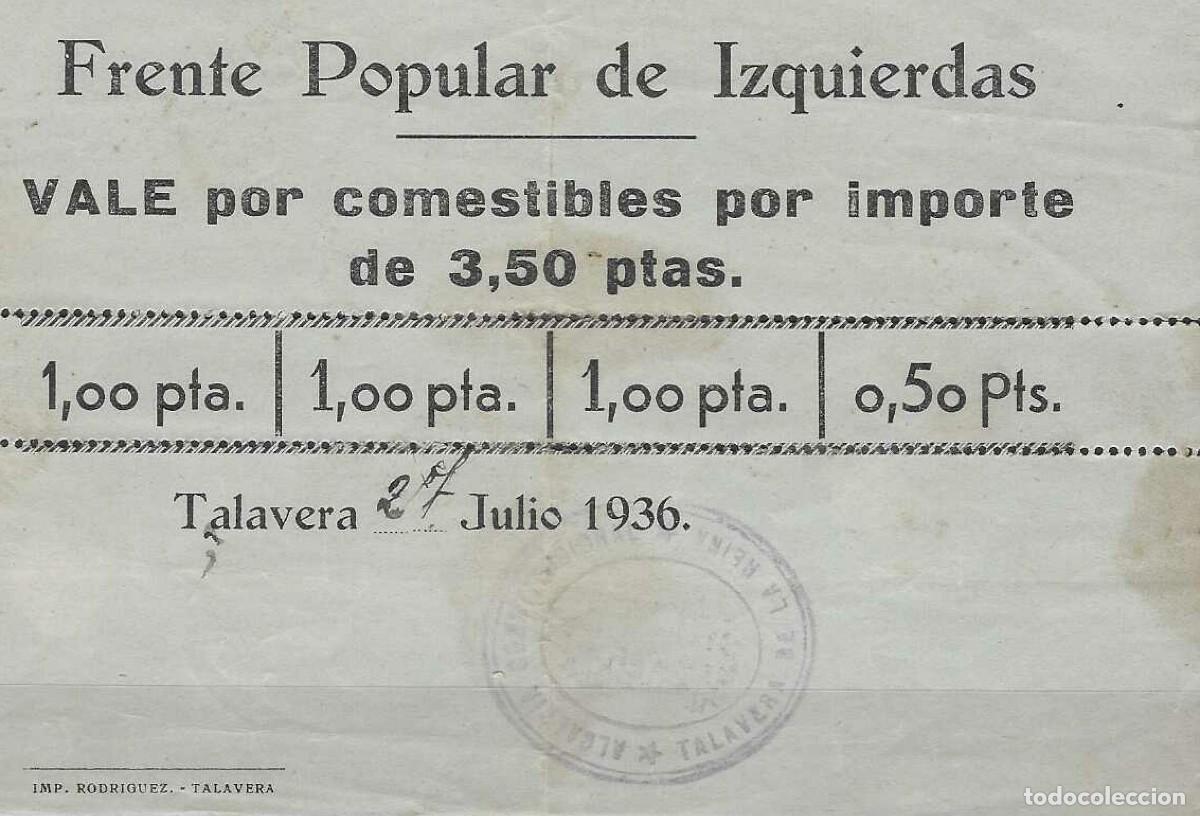 Sellos: FRENTE POPULAR DE IZQUIERDAS. VALE COMESTIBLES 3,50 PTAS. 1936. TALAVERA DE LA REINA (TOLEDO).