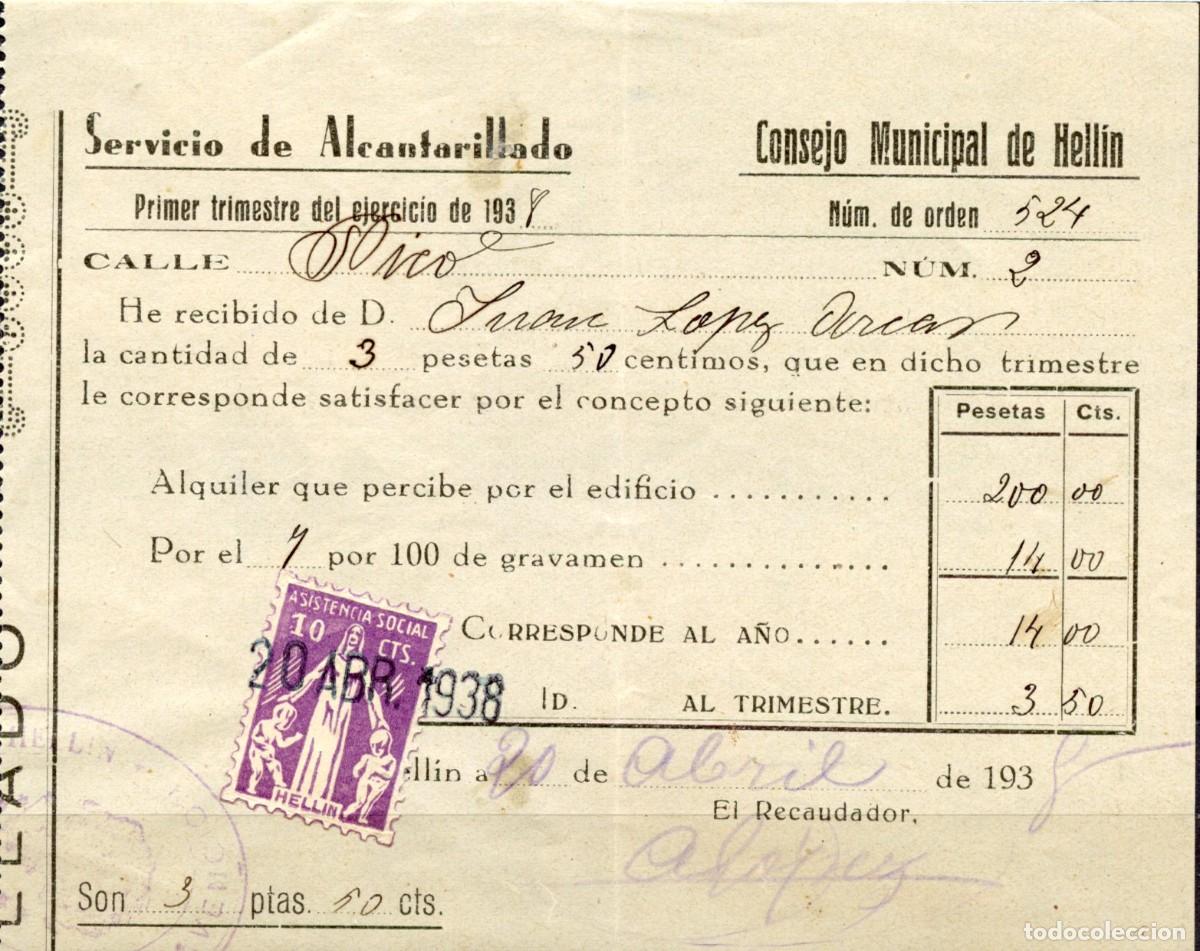 Sellos: ESPA&Ntilde;A GUERRA CIVIL. SELLO LOCAL REPUBLICANO DE HELL&Iacute;N (ALBACETE) EDIFIL N&ordm; 2 RECIBO MUNICIPAL