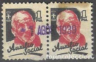 Sellos: PAREJA DE VI&Ntilde;ETAS AUXILIO SOCIAL 1 PTA (1939) - RAMIRO LEDESMA - MATASELLOS FECHADOR COMPLETO 1 AGOS
