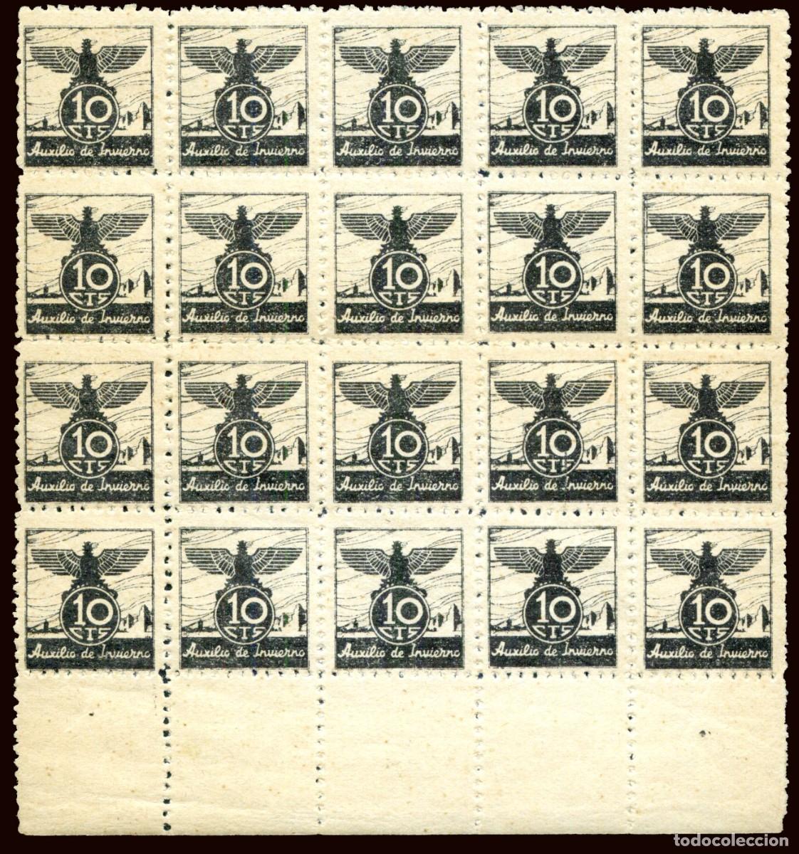 Sellos: Espa&ntilde;a - Auxilio Invierno - Edi ** 1 Bl. 20 - 10 cts. - Borde hoja - Papel crema