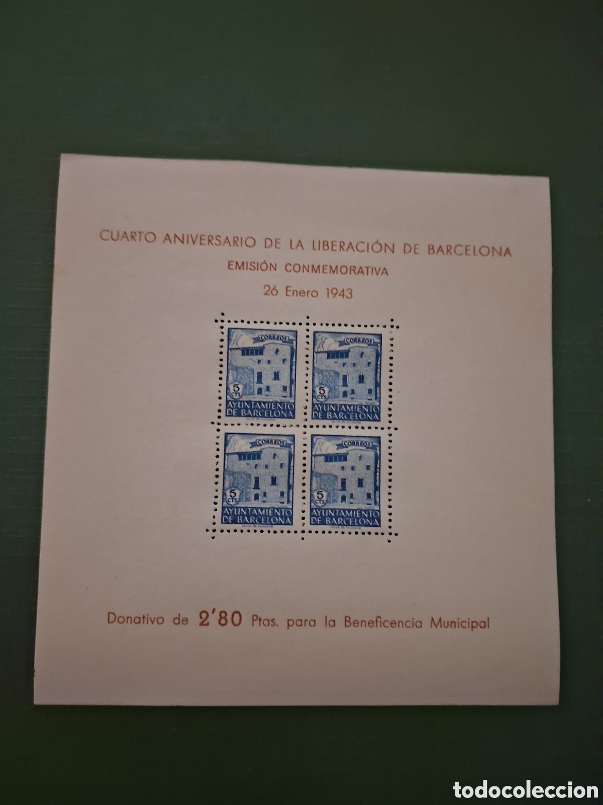 Sellos: ESPA&Ntilde;A 1943 - AYUNTAMIENTO DE BARCELONA EDIFIL 48 - CUARTO ANIVERSARIO DE LA LIBERACI&Oacute;N - PRUEBA