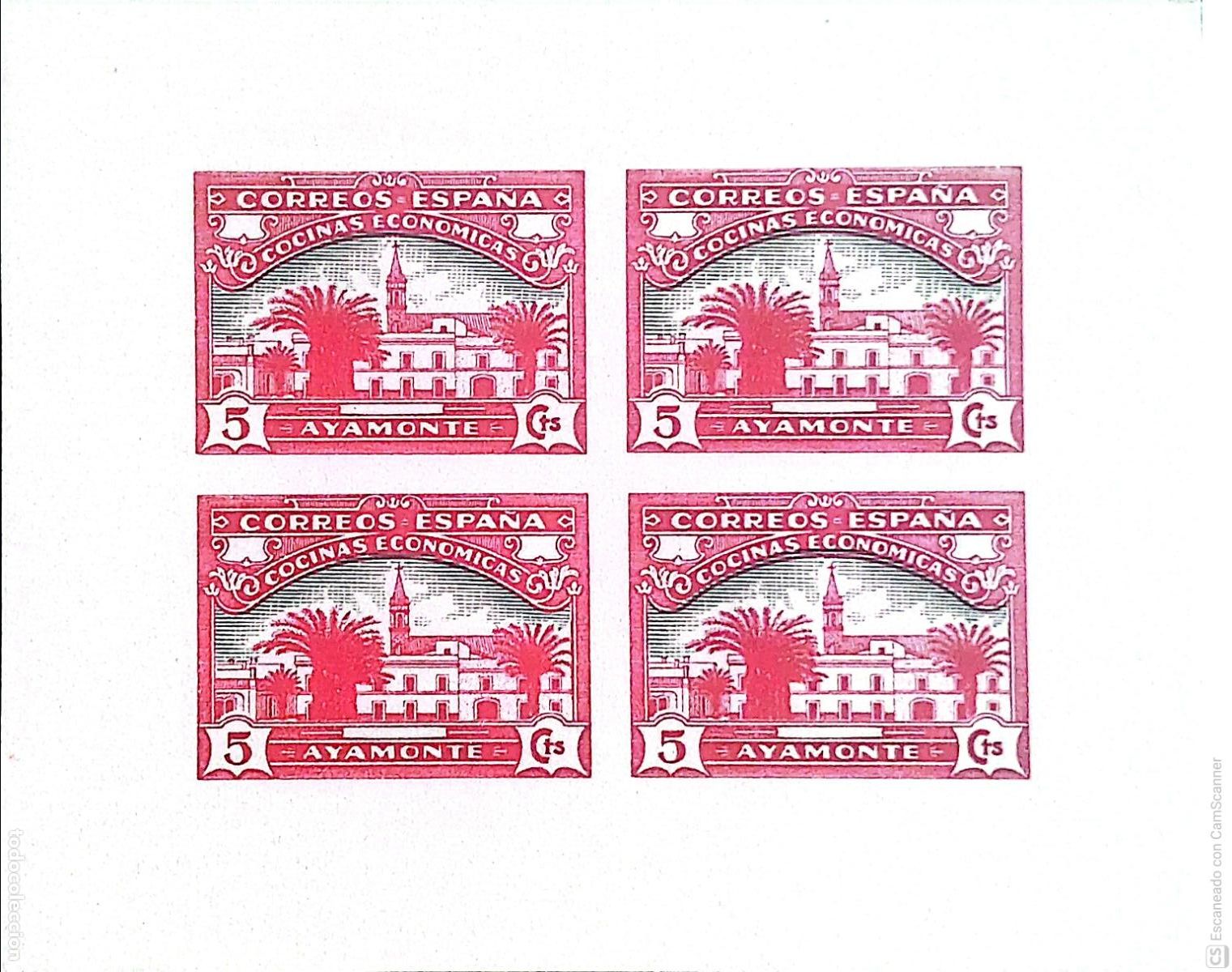 Sellos: Vi&ntilde;eta Guerra Civil: HB Ayamonte, 5 cts, color Rojo. Cocinas Econ&oacute;micas. Nueva. Ver foto.