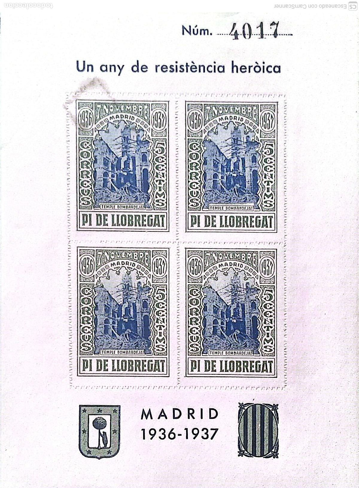 Sellos: Vi&ntilde;eta Guerra Civil: HB Pi de Llobregat I. Un any de resist&egrave;ncia her&ograve;ica. Madrid 1936-37. Dentada.