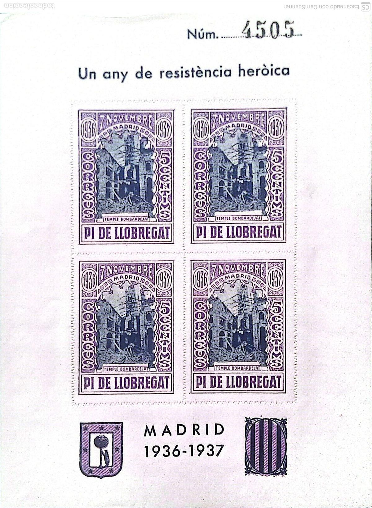 Sellos: Vi&ntilde;eta Guerra Civil: HB Pi de Llobregat II. Un any de resist&egrave;ncia her&ograve;ica. Madrid 1936-37. Dentada.