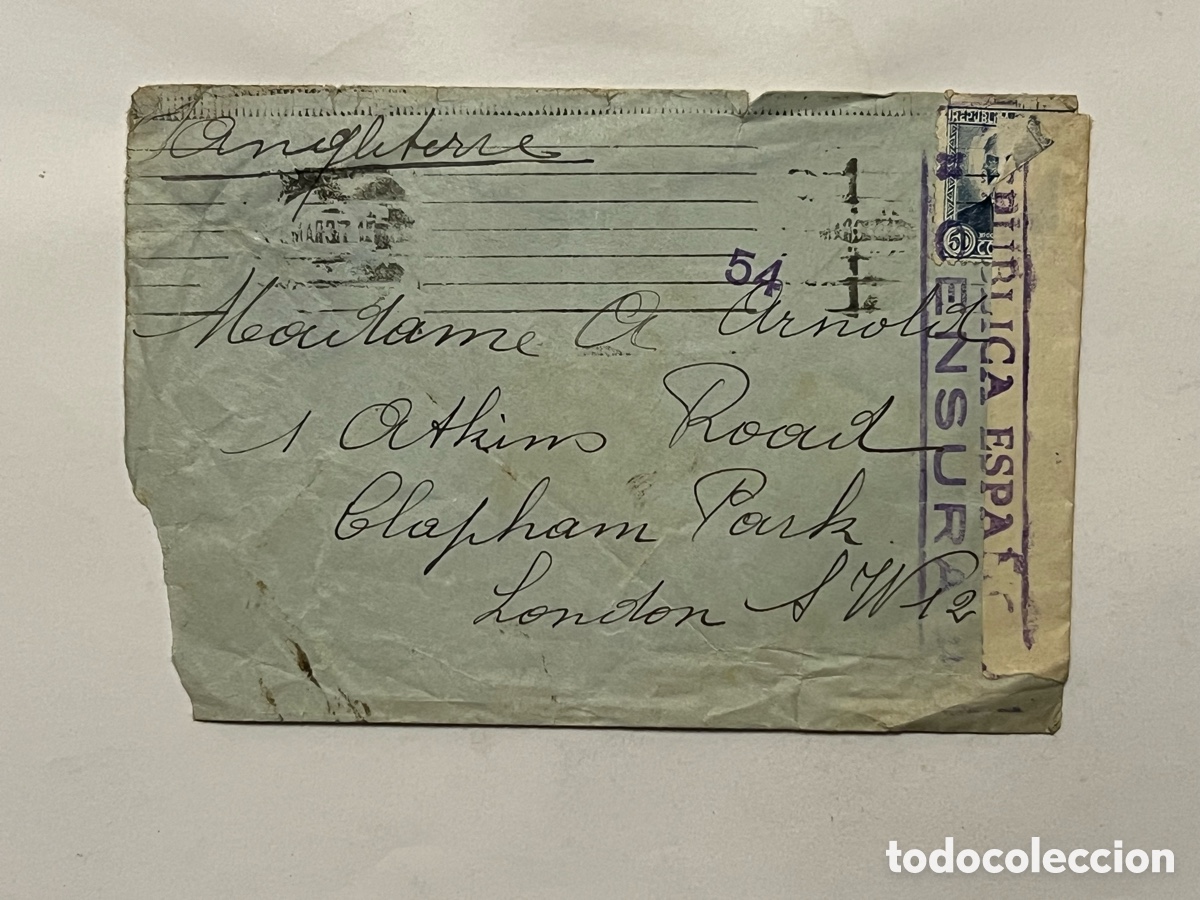 Sellos: REP&Uacute;BLICA ESPA&Ntilde;A. sobre con censura VILASSAR DE MAR - LONDRES (a.1937) familia Torras Foulon