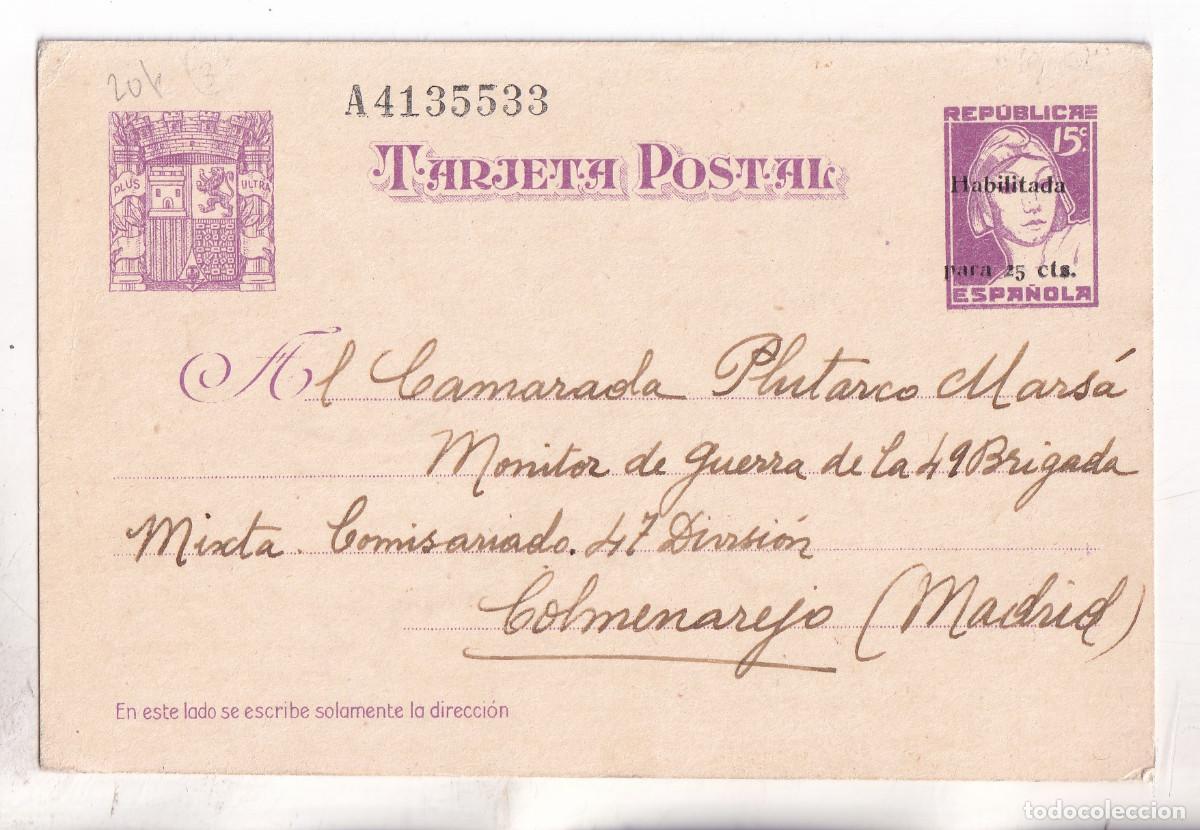 Sellos: TARJETA ENTERO POSTAL. MADRID. 1937. A UN MONITOR DE GUERRA EN COLMENAREJO