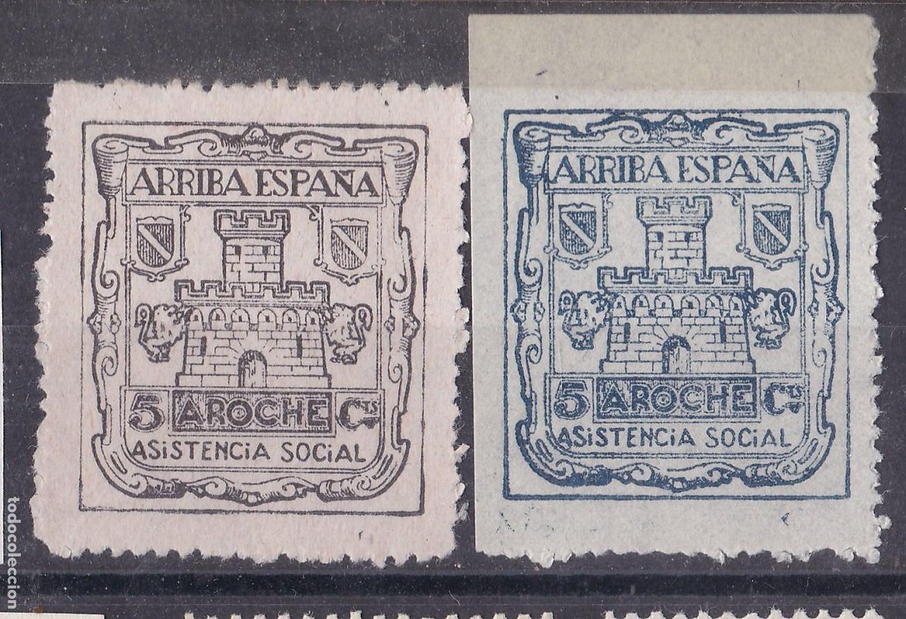 Sellos: FC-107-Guerra Civil. Locales Asistencia Social AROCHE Huelva 5 Cts Azul y Negro (*) Sin Goma . LUJO